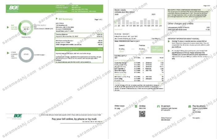 USA Maryland Baltimore Gas and Electric (BGE) utility bill template in Word and PDF format (2 pages)